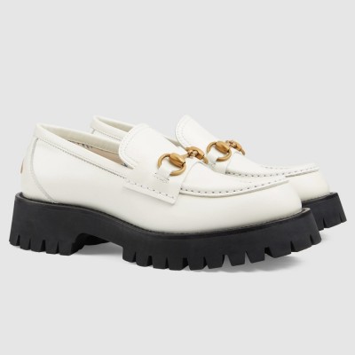 Gucci Women Horsebit Loafers in White Leather with Lug Sole