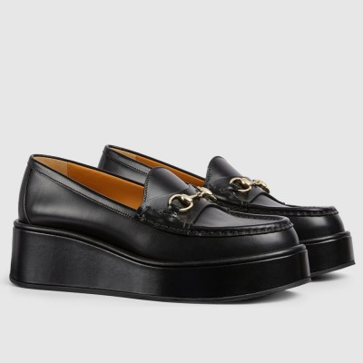 Gucci Women Horsebit Wedge Loafers in Black Calfskin