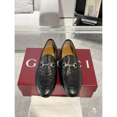 Gucci Women Jordaan Loafers in Black GG Leather