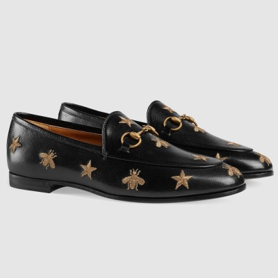 Gucci Women Jordaan Loafers in Black Leather with Bees and Stars