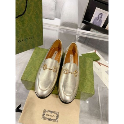 Gucci Women Jordaan Loafers in Gold Metallic Leather with Crystals