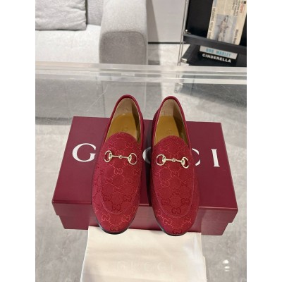 Gucci Women Jordaan Loafers in Red GG canvas