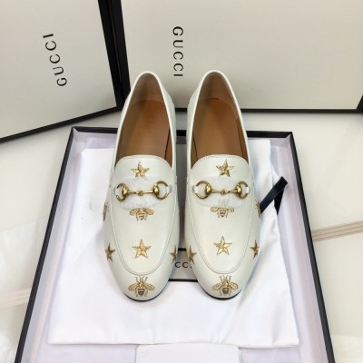 Gucci Women Jordaan Loafers in White Leather with Bees and Stars