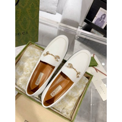 Gucci Women Jordaan Loafers in White Leather with Crystals