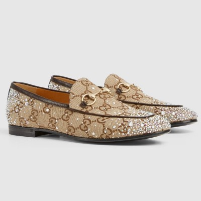 Gucci Women Jordaan Loafers with Crystals in Beige GG Canvas