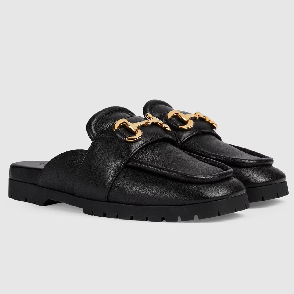 Gucci Women Loafer Slippers in Black Leather with Horsebit