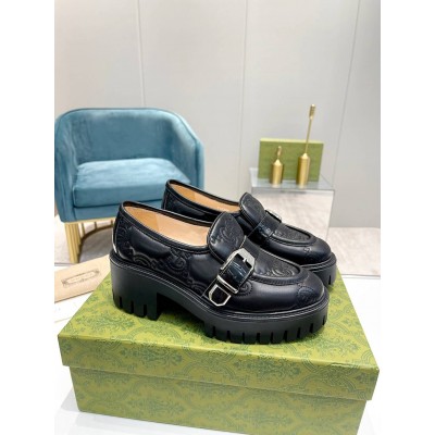 Gucci Women Lug Sole Loafers in Black Matelasse Leather Leather