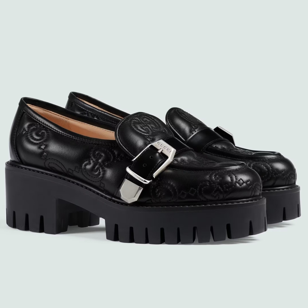 Gucci Women Lug Sole Loafers in Black Matelasse Leather Leather