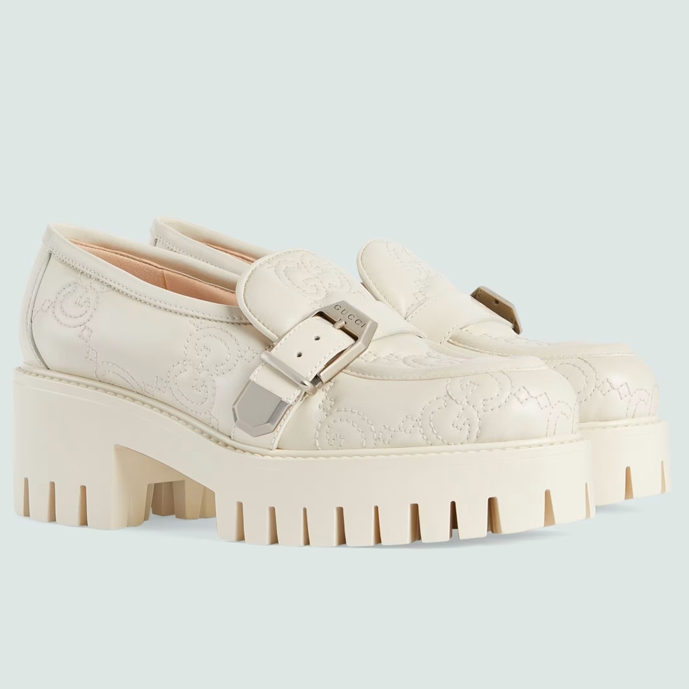 Gucci Women Lug Sole Loafers in White Matelasse Leather Leather