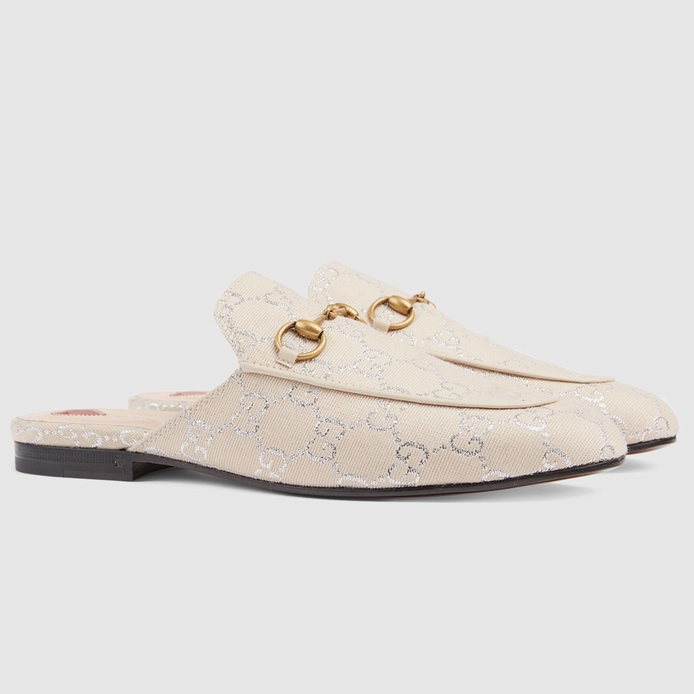 Gucci Women Princetown Slippers in White GG Lame Fabric