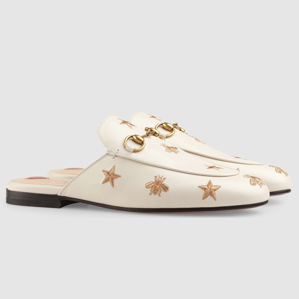 Gucci Women Princetown Slippers in White Leather with Bees and Stars