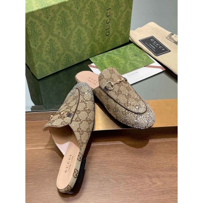 Gucci Women Princetown Slippers with Crystals in Beige GG Canvas