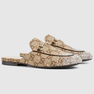 Gucci Women Princetown Slippers with Crystals in Beige GG Canvas