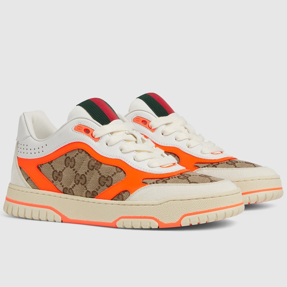 Gucci Women Re-Web Sneakers in GG Canvas with Orange Leather