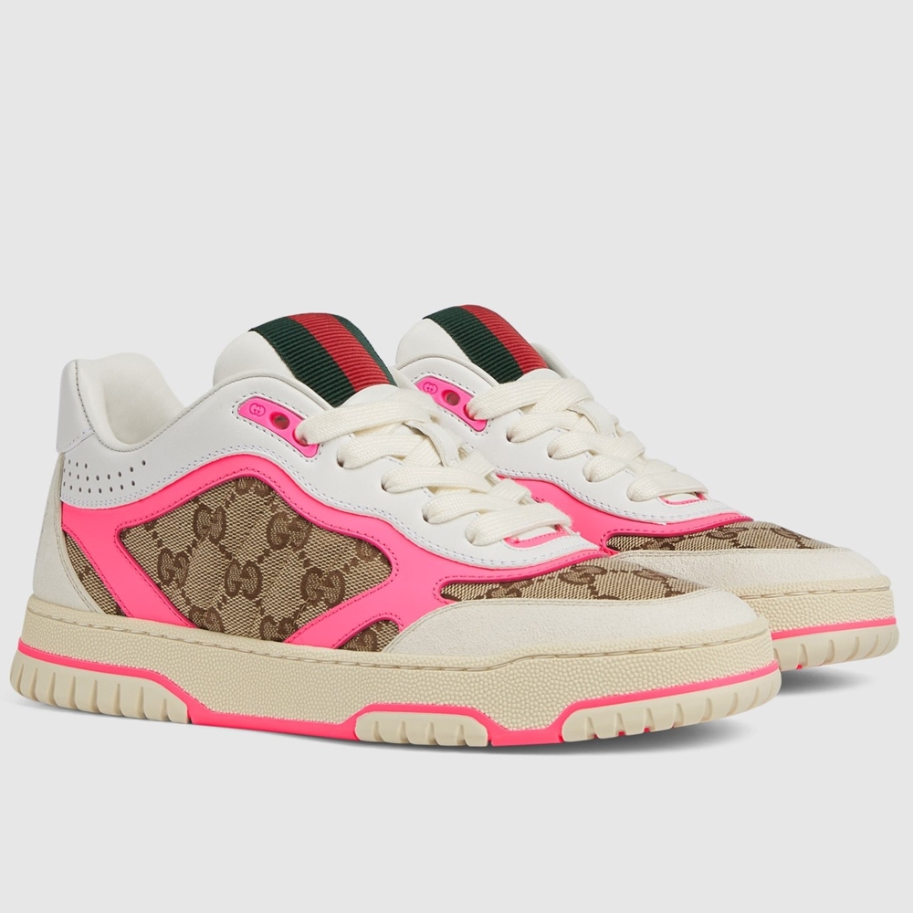 Gucci Women Re-Web Sneakers in GG Canvas with Pink Leather