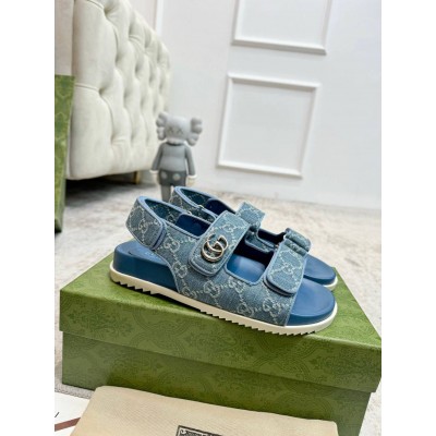 Gucci Women Sandals in Light Blue Denim with Double G