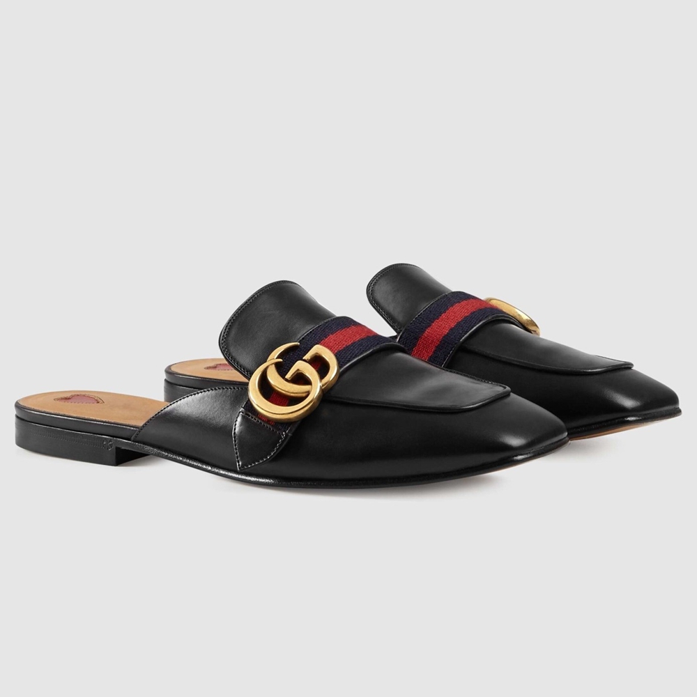 Gucci Women Slippers in Black Leaher with Signature Web