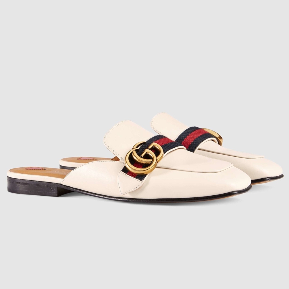 Gucci Women Slippers in White Leaher with Signature Web