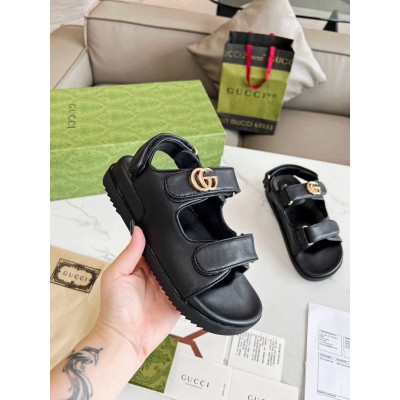 Gucci Women Velcro Sandals in Black Leather with Double G