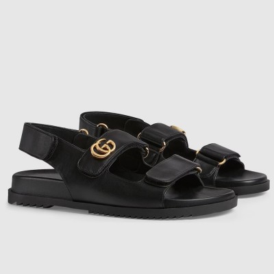 Gucci Women Velcro Sandals in Black Leather with Double G