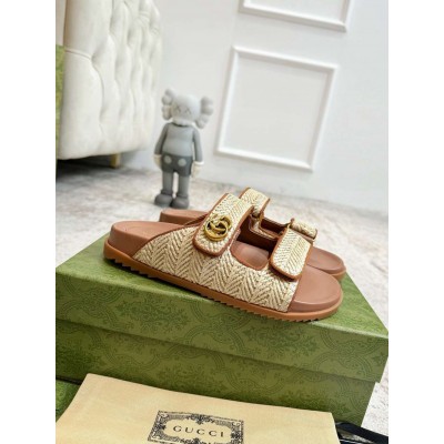 Gucci Women Velcro Sandals in Natural Raffia