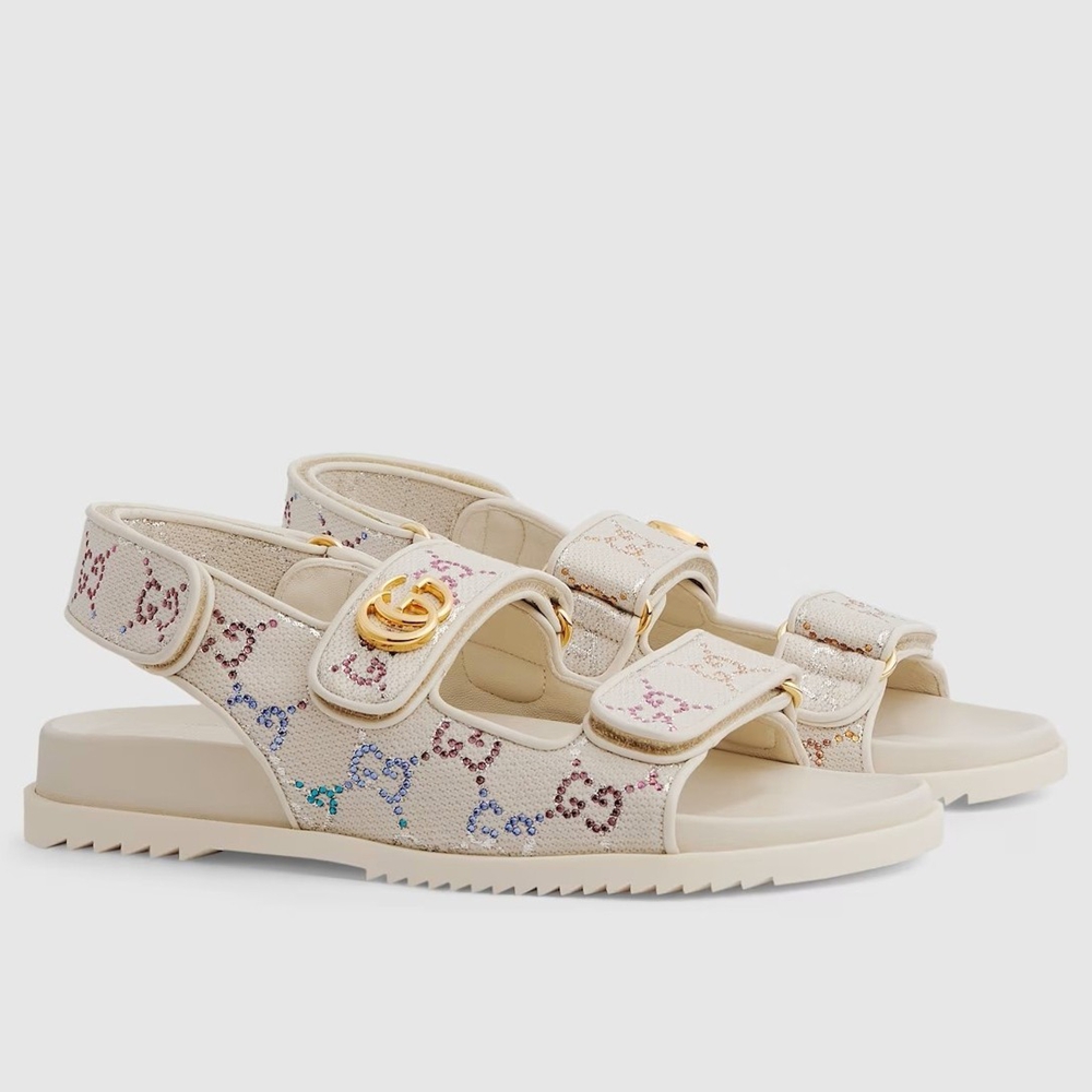 Gucci Women Velcro Sandals in White GG Crystal Canvas