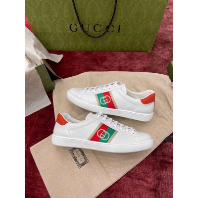 Gucci Men Ace Sneakers in White Leather with Web Interlocking G