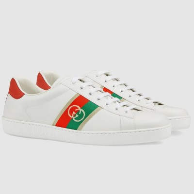 Gucci Men Ace Sneakers in White Leather with Web Interlocking G