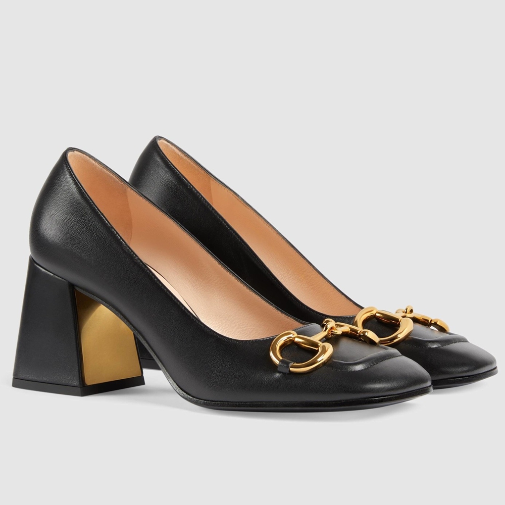 Gucci Mid-heel Pumps 75mm in Black Leather with Horsebit